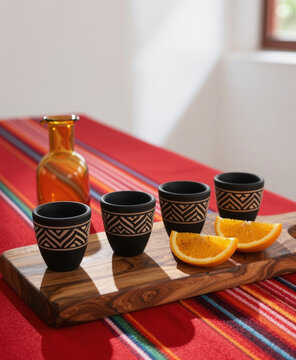 Handcrafted Mexican barro negro black clay mezcal copitas rest flat on a rustic parota wood board.