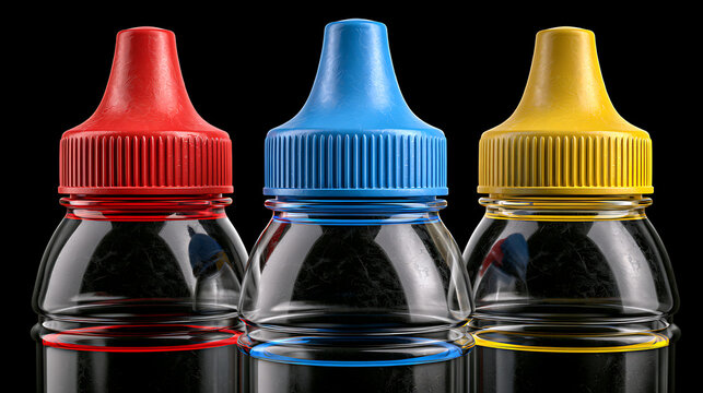 Three squeeze bottles with red blue and yellow caps against a black background