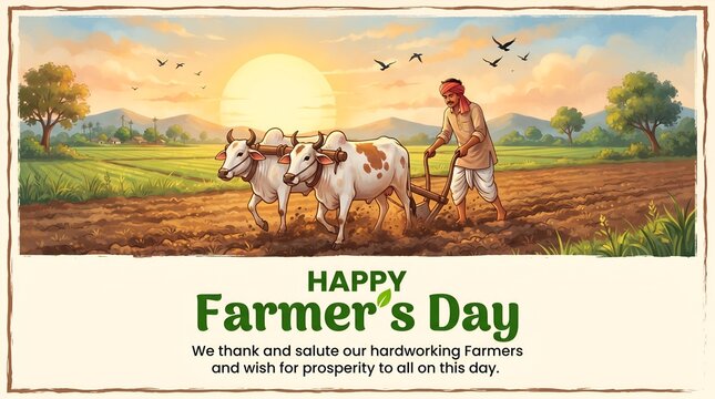 Happy Farmer's Day greeting background with Indian farmer plowing agricultural field with oxen