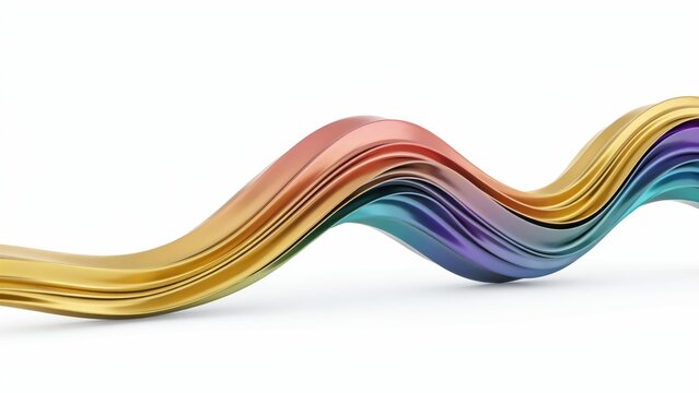 Metallic 3D wave with iridescent rainbow gradient, flowing chrome ribbon on white background, abstract luxury liquid metal curves for premium branding