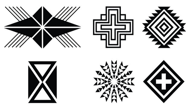Native American style geometric ornaments and tribal ethnic pattern vector icon set for boho graphic tattoo textile decoration