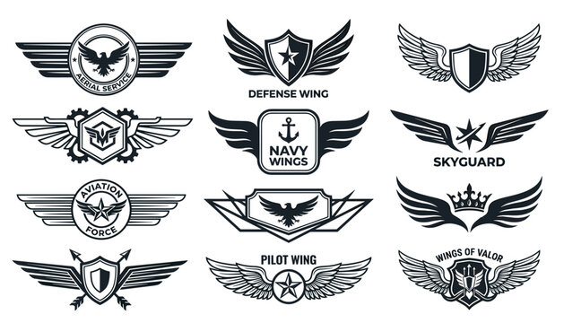 Military aviation wing emblems and patriotic pilot shield crest silhouette vector icons set for security army defense patch design