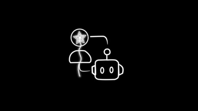 Ai bot connected to human user with star idea icon animation, minimal black line art artificial intelligence assistant motion graphic on black background, 4k video uhd