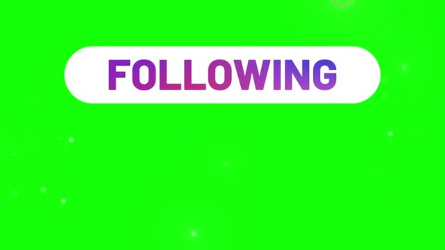 Following button rendered in bold purple typography inside a clean white pill shaped container positioned over a bright green screen backdrop designed for social media channel engagement.