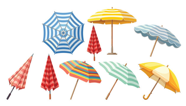 Colorful striped beach parasols and rain umbrellas cartoon vector icons set including open and folded weather protection elements