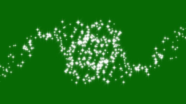Magic glitter sparkle star line animation, white glitter light trail spiral with magic swirl path, cartoon doodle sparkles, star sparkle vector doodles on green screen background. 4k video