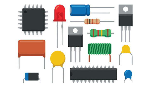 Electronic components hardware flat vector icons set including microchip resistor capacitor diode transistor and inductor for engineering circuit diagram