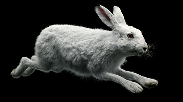 A white arctic hare leaps mid air against a black background with transparent silhouette