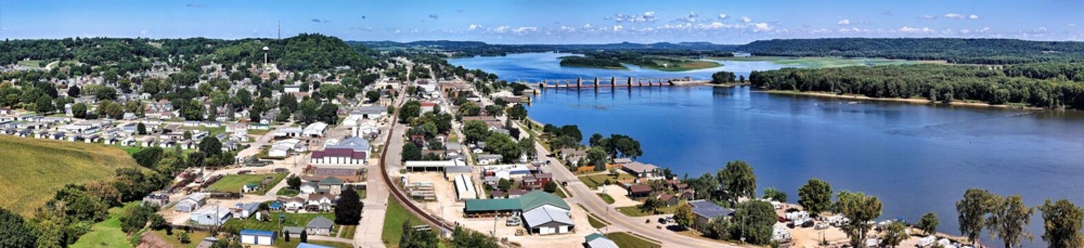 Panoramic View of Bellevue, Iowa and Lock and Dam 12 on the Mississippi River