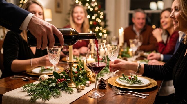 Friends and Family Enjoying Christmas Dinner Pouring Red Wine