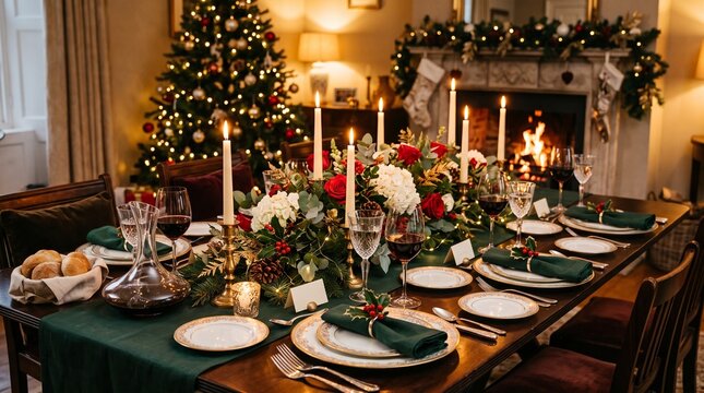 Elegant Christmas Dinner Table Setting with Festive Decorations and Fireplace