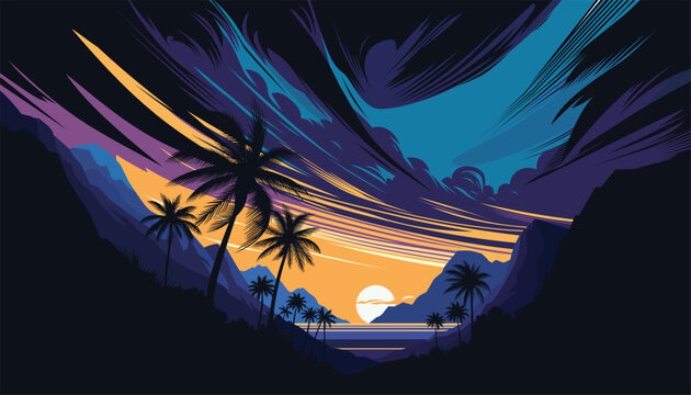Dramatic synthwave landscape with tropical palm trees, glowing sunset sun, dramatic clouds, and silhouette mountains in vibrant blue and orange 80s retro aesthetic.
