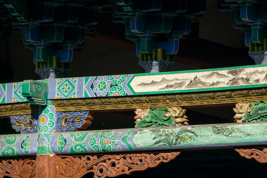 Painted wooden eaves decorate Dong Gong Guan mansion, Gansu Province, Linxia, China
