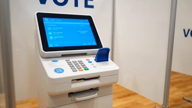 Digital voting machine at polling station for electronic ballot processing in civic election and democracy concept during community event for citizens at booth.