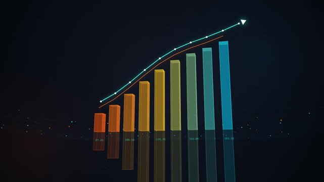 Animated 3 d bar chart showing financial growth and business success with rising trend line on dark background