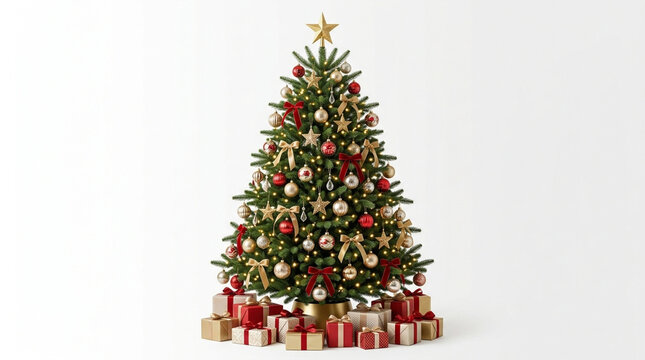 Decorated Christmas Tree with Gold Star Topper, Red Ribbons, and Gift Boxes on White Background