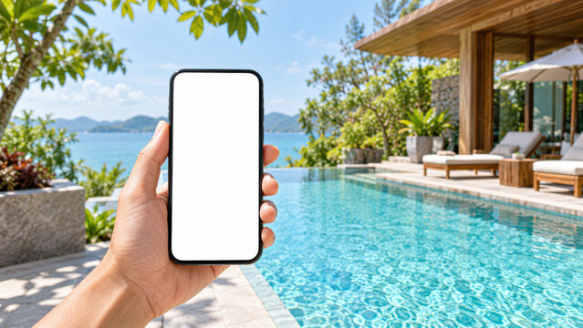 A hand holds a smartphone with a blank screen by a luxurious poolside overlooking a scenic ocean view and tropical greenery.