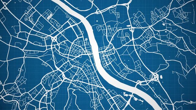Ink reveal animation of Federal City of Bonn (Bundesstadt Bonn), state of North Rhine-Westphalia, Germany, grid map. Aerial top view. Blueprint. White lines with blue background. 4K Seamless loop.