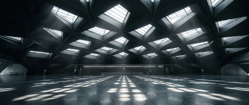 Futuristic brutalist architecture features a vast geometric ceiling with triangular skylights casting bright light patterns on a polished floor in a large, empty modern hall interior.