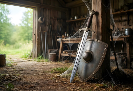 Medieval history and heritage, ancient sword and shield resting in a dusty abandoned blacksmith workshop with cobwebs and rustic wooden tools