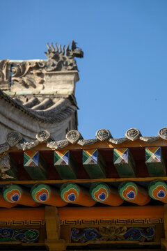 Colorful painted brackets support the roof eaves at Dong Gong Guan mansion, Gansu Province, Linxia, China