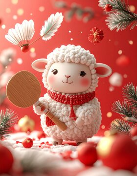 Cute 3D sheep playing hanetsuki with wooden paddle and shuttlecock, Japanese New Year 2027 illustration