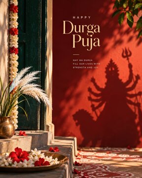 Creative durga puja social media post with idol shadow and festive flower decor