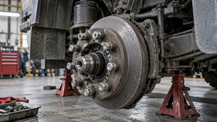Fototapeta premium A close-up of a truck wheel hub and brake rotor assembly on a vehicle raised on red jack stands in an industrial garage.