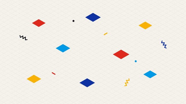 Isometric grid with drifting multicolored geometric forms