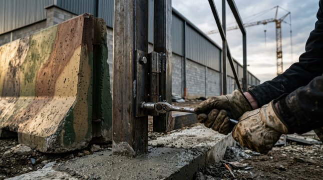Gloved hands tightening bolts on a steel gate hinge at a military barracks with concrete barriers and a tower crane in the background