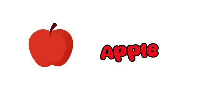 4k animation 2d animation red apple on white background, kids education