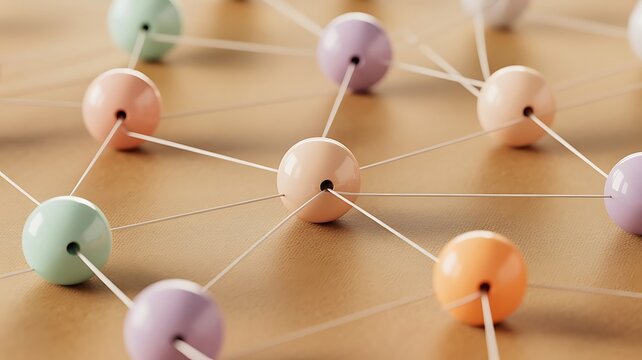 Macro view of interconnected colorful spheres with white strings on a smooth brown surface representing data networks and digital connectivity