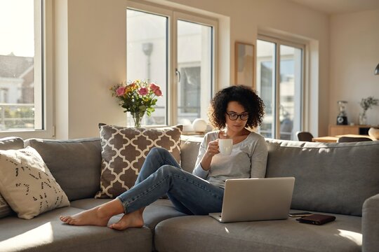 Woman sitting on a comfortable sofa holding a mug and working on a silver.
