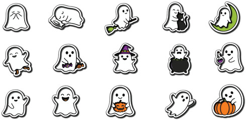 Obraz premium Collection of cute hand drawn ghost characters with different expressions and colorful accents