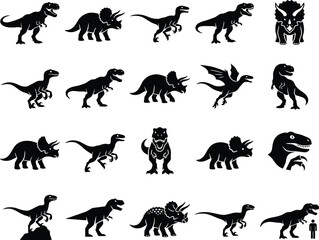 Fototapeta premium Dinosaur Silhouettes Vector Set of Prehistoric Monster Species and Wildlife Icons