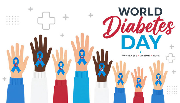 A vector illustration showing diverse human hands raised in the air with blue diabetes awareness ribbons to support world diabetes day campaign
