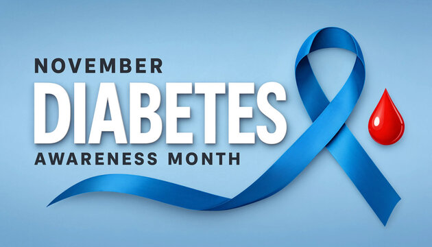 November Diabetes Awareness Month concept featuring a symbolic blue ribbon and a single red blood drop on a soft light blue background
