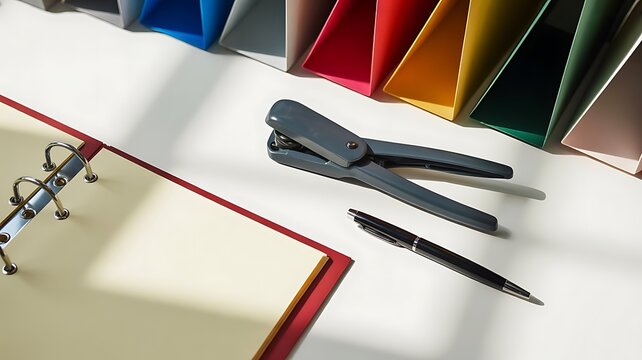 Office desk workspace featuring a red ring binder, a black stapler, and a ballpoint pen with colorful document folders in background