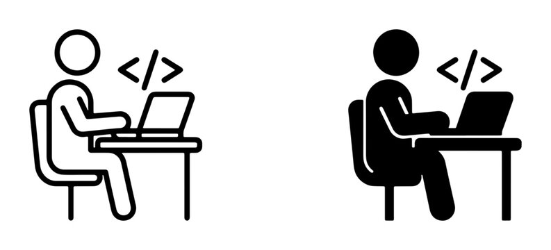 Programmer Icon Set, Coding Silhouette, Developer at Desk, Digital Art, Technology Symbols