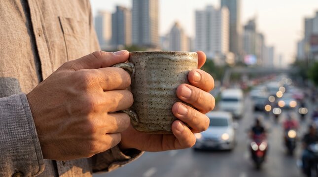 M&atilde;os segurando caneca de caf&eacute; com tr&acirc;nsito urbano desfocado ao fundo