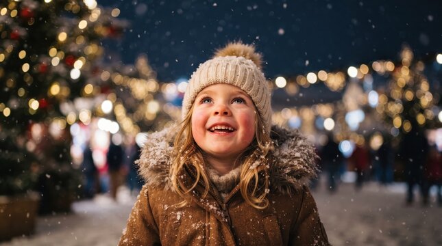 A happy little girl looking up with wonder at falling snow during a festive winter christmas market