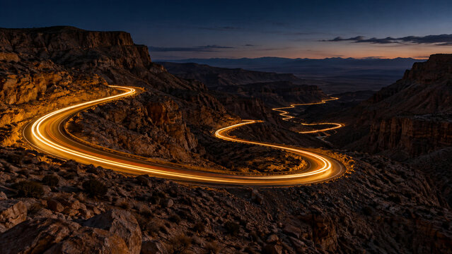 Golden Desert Canyon Light Trails on Winding Switchback Road for Travel Advertising