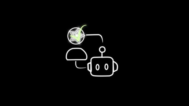 Ai chatbot connected to user with glowing star and checkmark success icon animation, smart artificial intelligence assistant motion graphic on black background, 4k