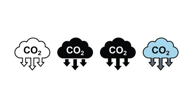 Set of carbon dioxide emission cloud icons with downward arrows illustrating climate change and environmental impact symbols