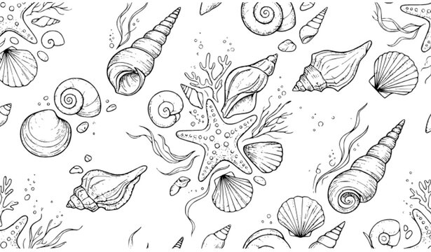 Hand drawn black and white seamless pattern of seashells, starfish, seaweed and bubbles in vintage engraving sketch style for marine, summer and nautical designs