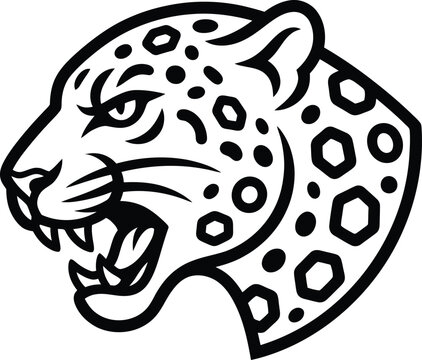 Black and white illustration of an angry leopard head mascot for sports team logo design