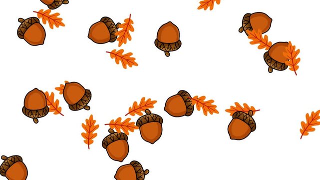 a smooth 4K 2D animation featuring falling autumn leaves and acorns.