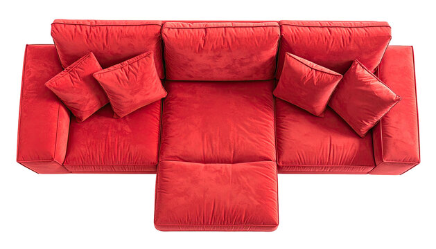 Aerial Red plush couch with square cushions, clean lines against black