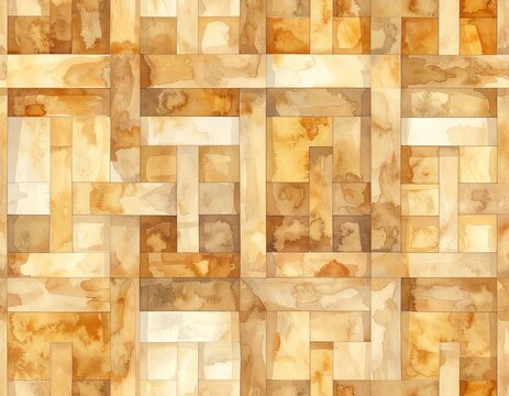 Seamless pattern of interlocking masu nested square grid, soft watercolor wash in warm brown texture