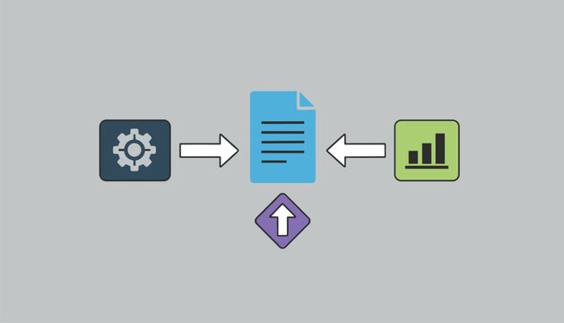 Document icon with arrows indicating input from gears and charts representing data processing and automation workflow.